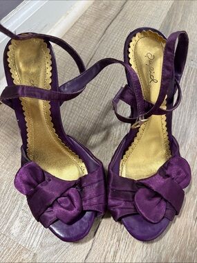 Qupid Purple Satin Peep-Toe Heels with Bow Accent